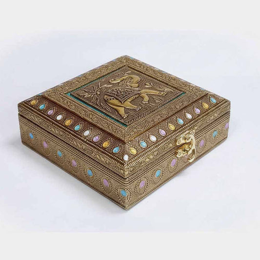 Handcrafted wooden elephant motif dry fruit box with metal floral design