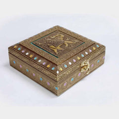 Handcrafted wooden elephant motif dry fruit box with metal floral design
