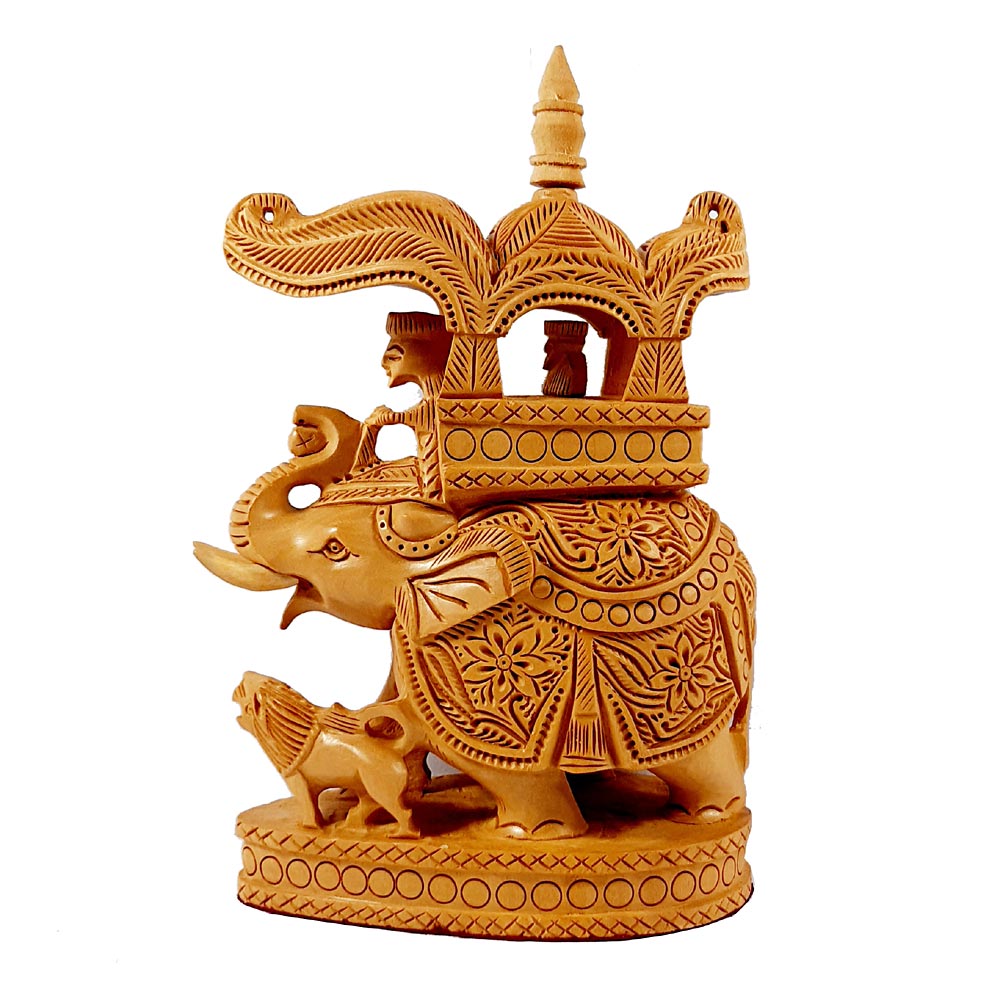 A majestic wooden elephant figurine, a perfect addition to office decor as a symbol of power and prosperity.