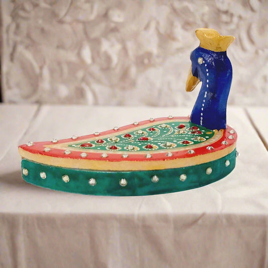 Marble Chopra Kumkum box with hand painting, perfect for puja rituals.