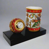 Marble Desk Clock with Pen Holder – Handcrafted Office Gift with Emboss Painting