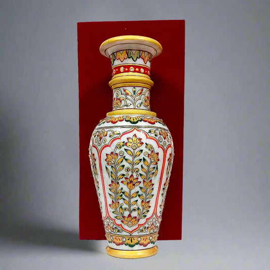 Elegant marble flower vase with intricate hand-painted design, presented in a luxurious velvet gift box.