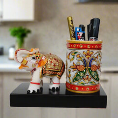 Handcrafted Marble Pen Holder with Elephant Statue – Decorative Desk Organizer
