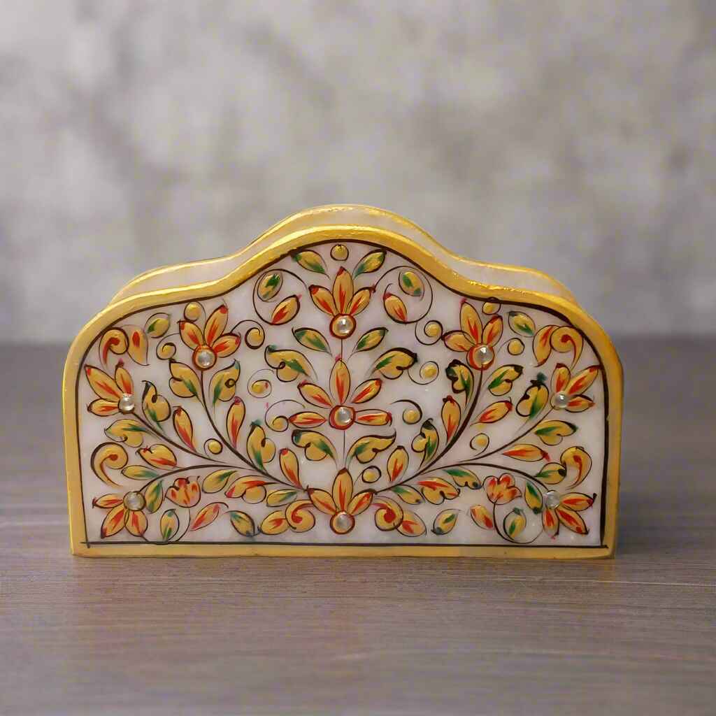 Marble tissue stand with floral design and golden border for home décor