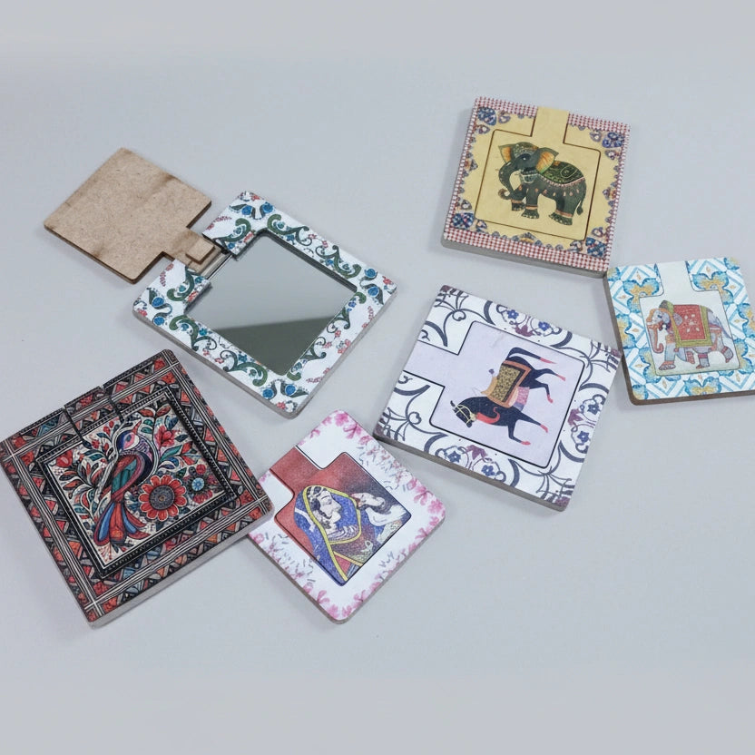 MDF wooden pocket mirror featuring printed Bani Thani art design available in 3x3 and 4x4 sizes.