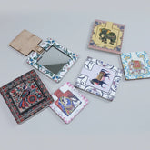 MDF wooden pocket mirror featuring printed Bani Thani art design available in 3x3 and 4x4 sizes.