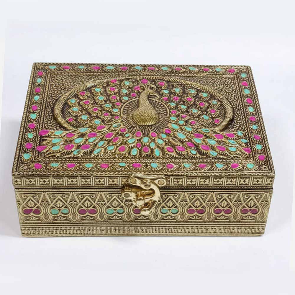 Elegant meenakari peacock wooden jewellery box front view with golden metal and enamel.