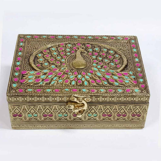 Elegant meenakari peacock wooden jewellery box front view with golden metal and enamel.