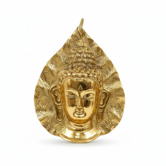 Golden oxidized metal Buddha wall decor with hand-painted leaf design, 30x22cm spiritual wall hanging from Jaipur.