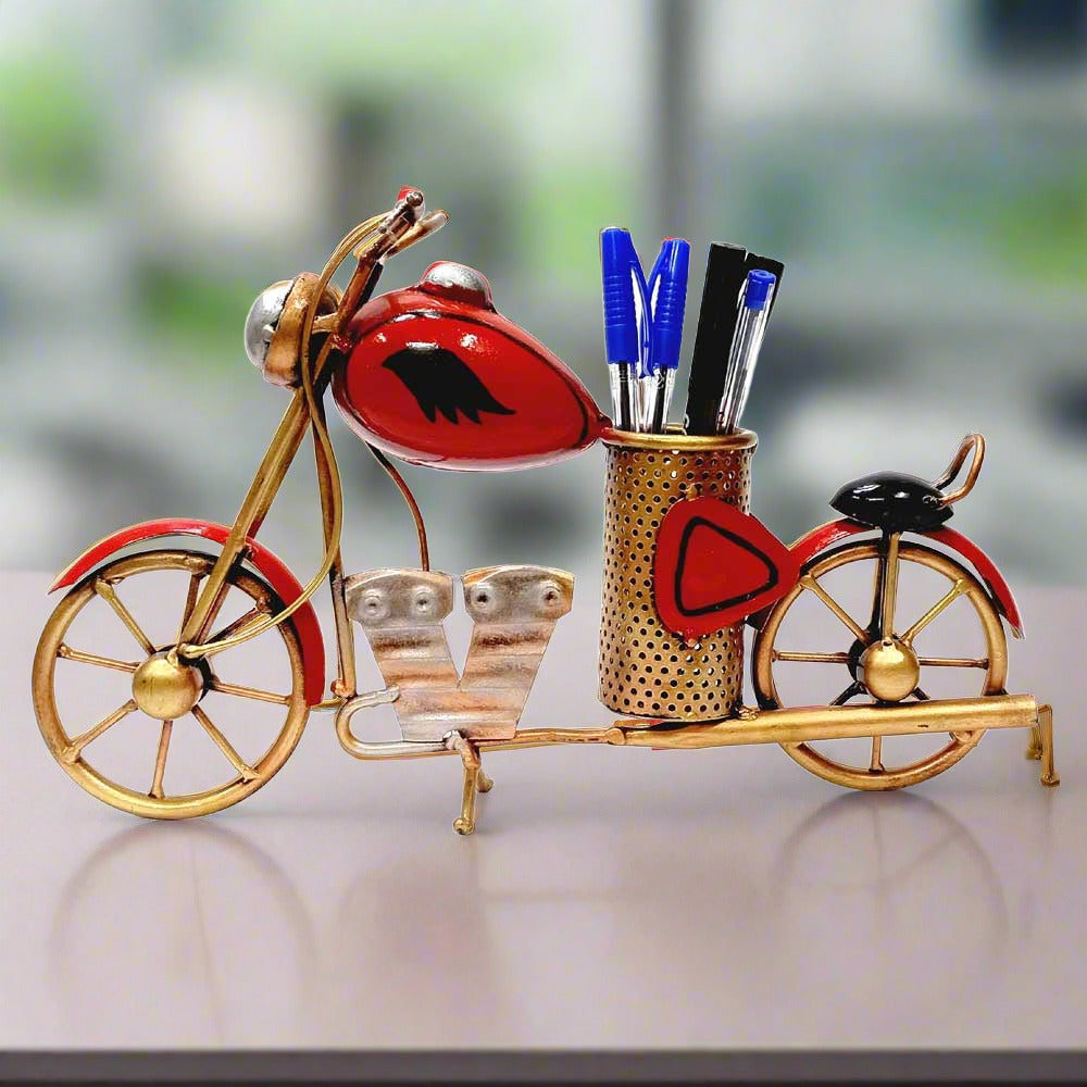 A metal Bullet bike-shaped pen holder, perfect as a desk organizer for office or home.
