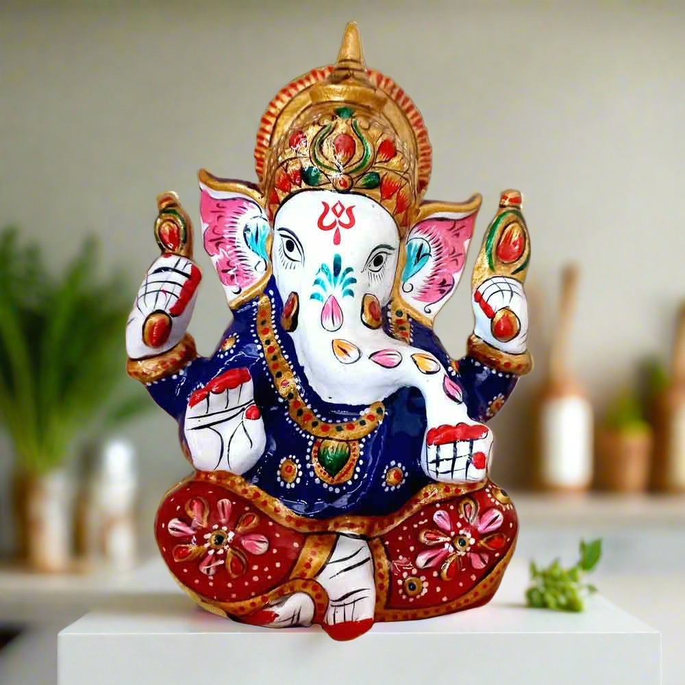Handcrafted metal enamel Ganesha idol with crown and meenakari detailing