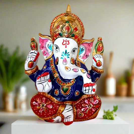 Handcrafted metal enamel Ganesha idol with crown and meenakari detailing