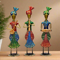 Metal Musician Set – Set of 3 Standing Men Playing Musical Instruments, Hand-Painted in Vibrant Colors. Ideal Decorative Showpiece for Festivals and Perfect for Gifting.
