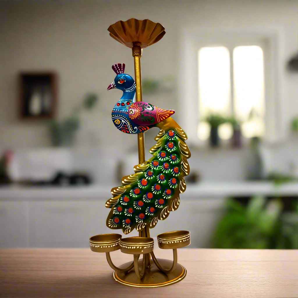 Hand-Painted Metal Peacock with 4 Tealight Holders – 1 on Top and 3 at Front Bottom
