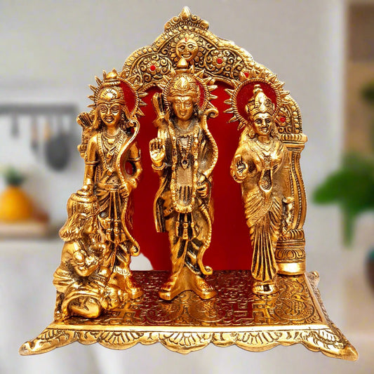 Metal Ram Darbar idol with golden polish featuring Lord Ram, Sita, Lakshman and Hanuman.