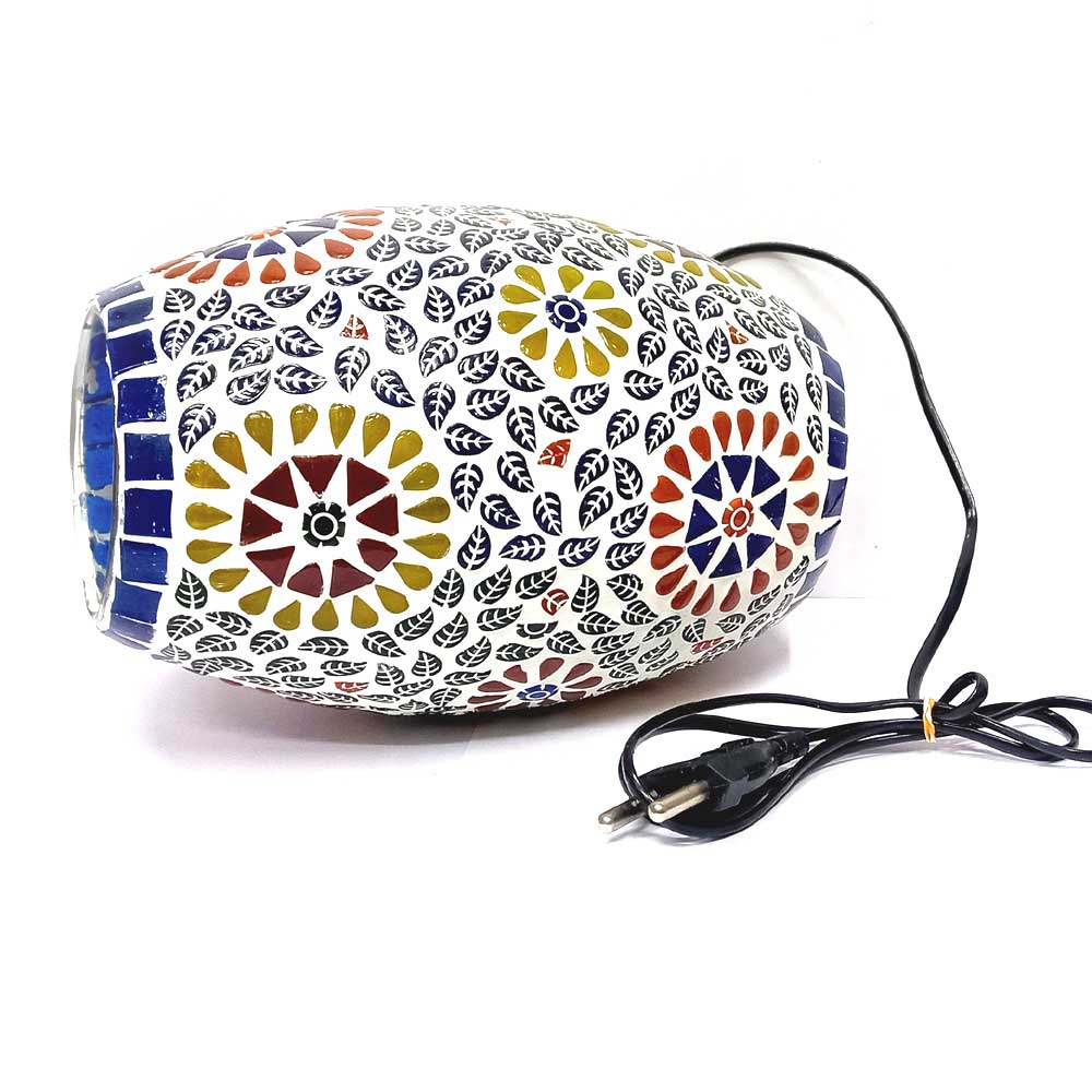 A Moroccan-style mosaic lamp with vibrant colors and an elegant design for a living room.