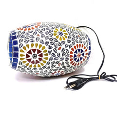 A Moroccan-style mosaic lamp with vibrant colors and an elegant design for a living room.