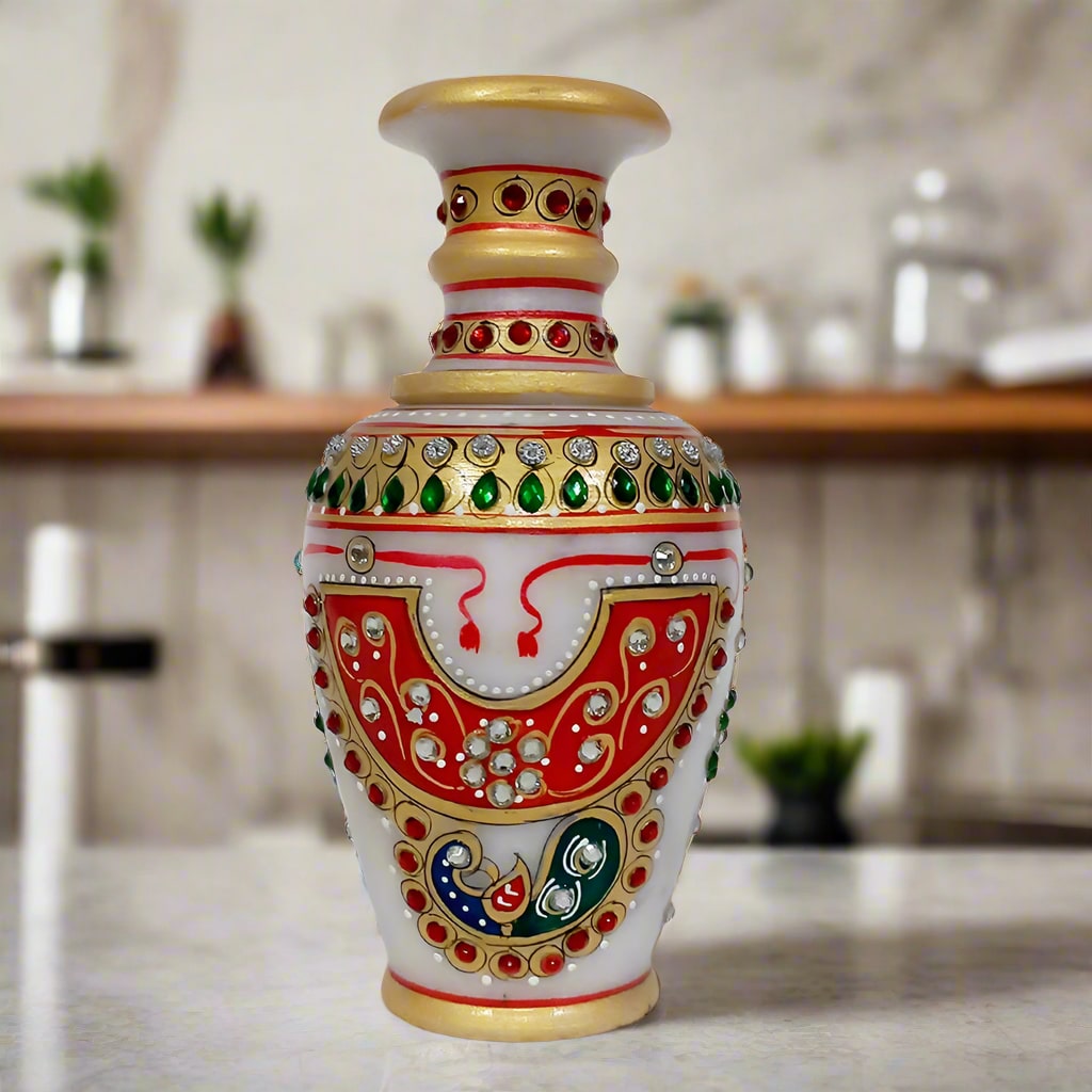 A multi-colored marble flower pot, a stunning showpiece for any room.