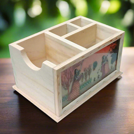 Wooden desk organizer with gemstone painting on front, perfect for office use.