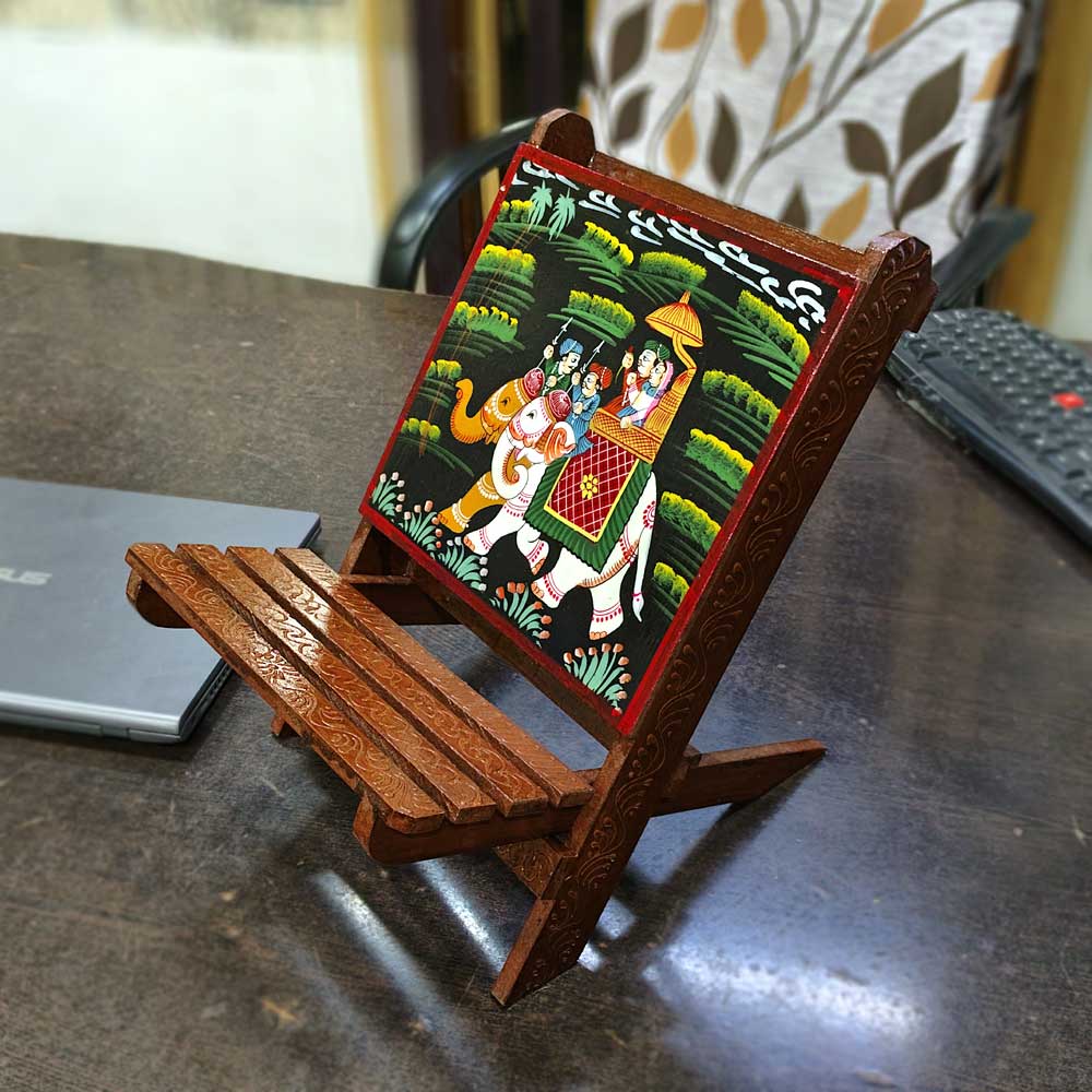 A natural wood tablet holder for a home office, with an adjustable design.