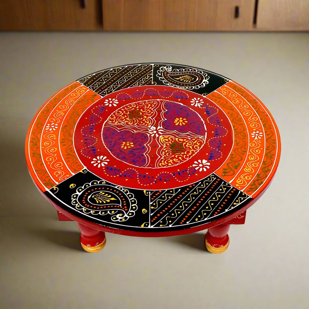 Vibrant hand-painted round chowki made of quality wood