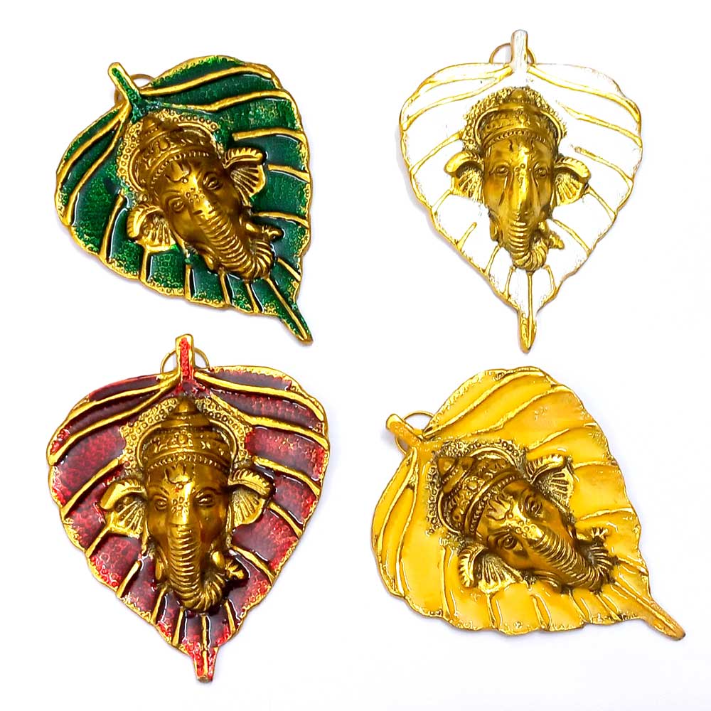 Metal leaf Ganesha wall hanging customized with names for wedding return gifts.