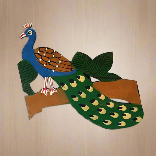 Hand-painted wooden peacock fridge magnet with vibrant colors
