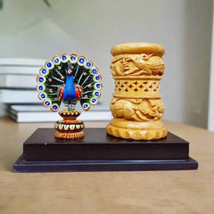 Hand-carved wooden pen holder with dancing peacock figurine, hand-painted multicolor design
