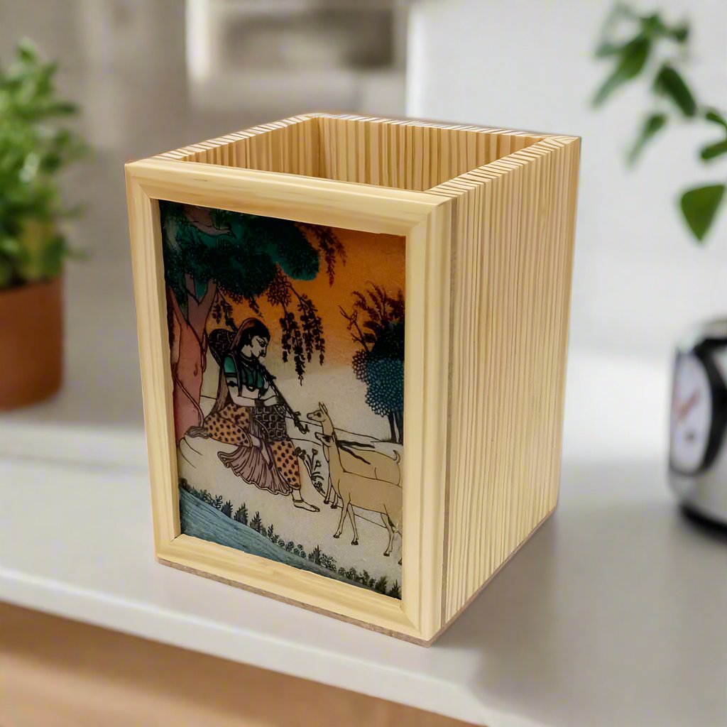 Handcrafted Pine Wood Pen Holder with Gemstone Painting – Elegant Desk Organizer
