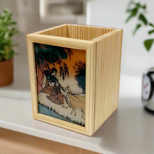 Handcrafted Pine Wood Pen Holder with Gemstone Painting – Elegant Desk Organizer