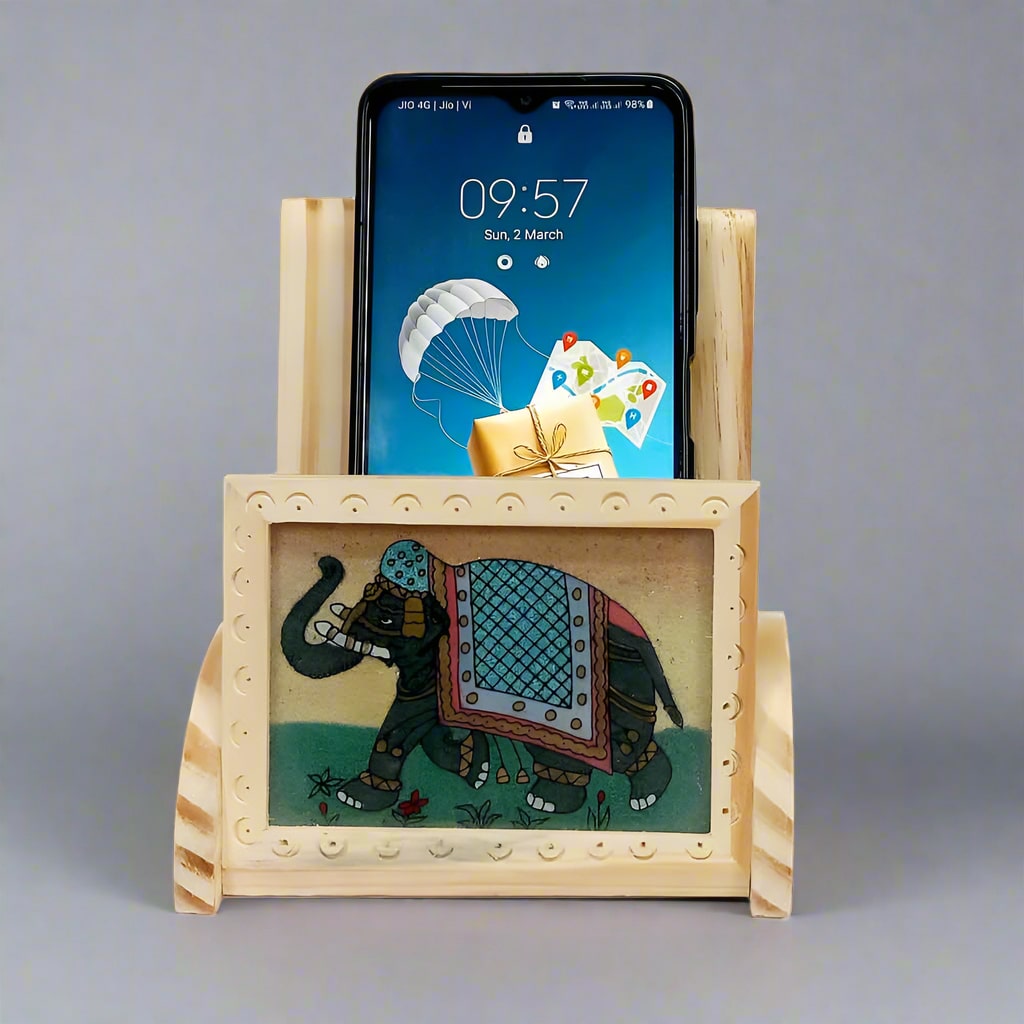 Handcrafted pine wood mobile stand with gemstone painting in chair design