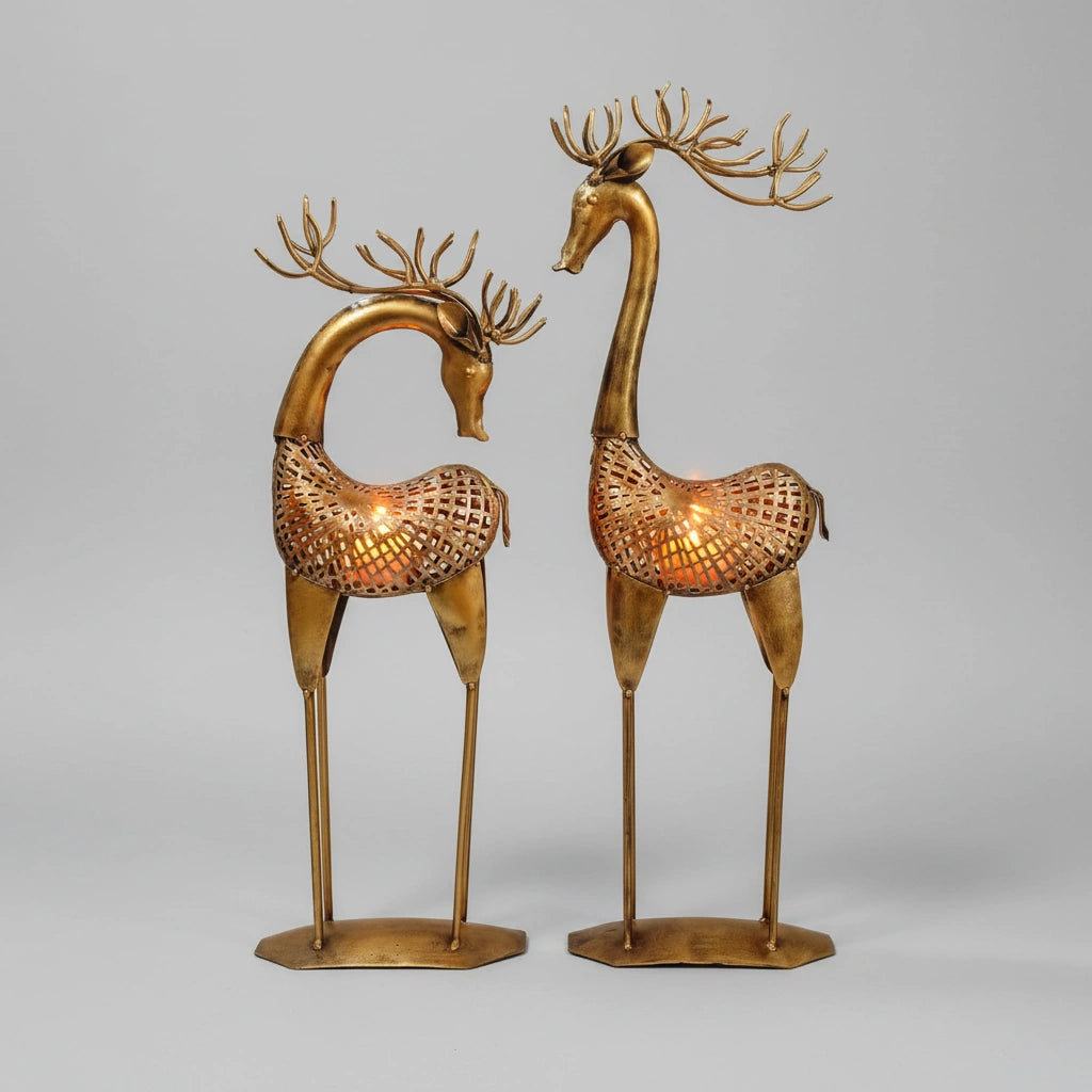 Premium quality metal deer showpiece with integrated candle holder for luxury interiors.