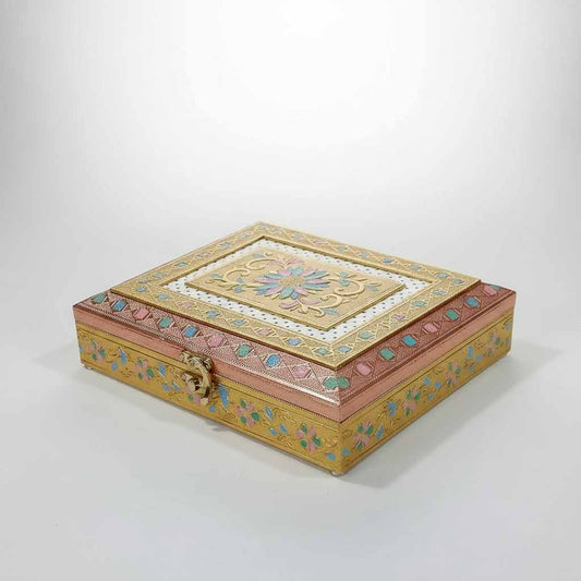 Premium wooden dry fruit gift box with golden floral metal sheet decoration