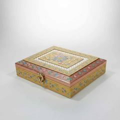 Premium wooden dry fruit gift box with golden floral metal sheet decoration