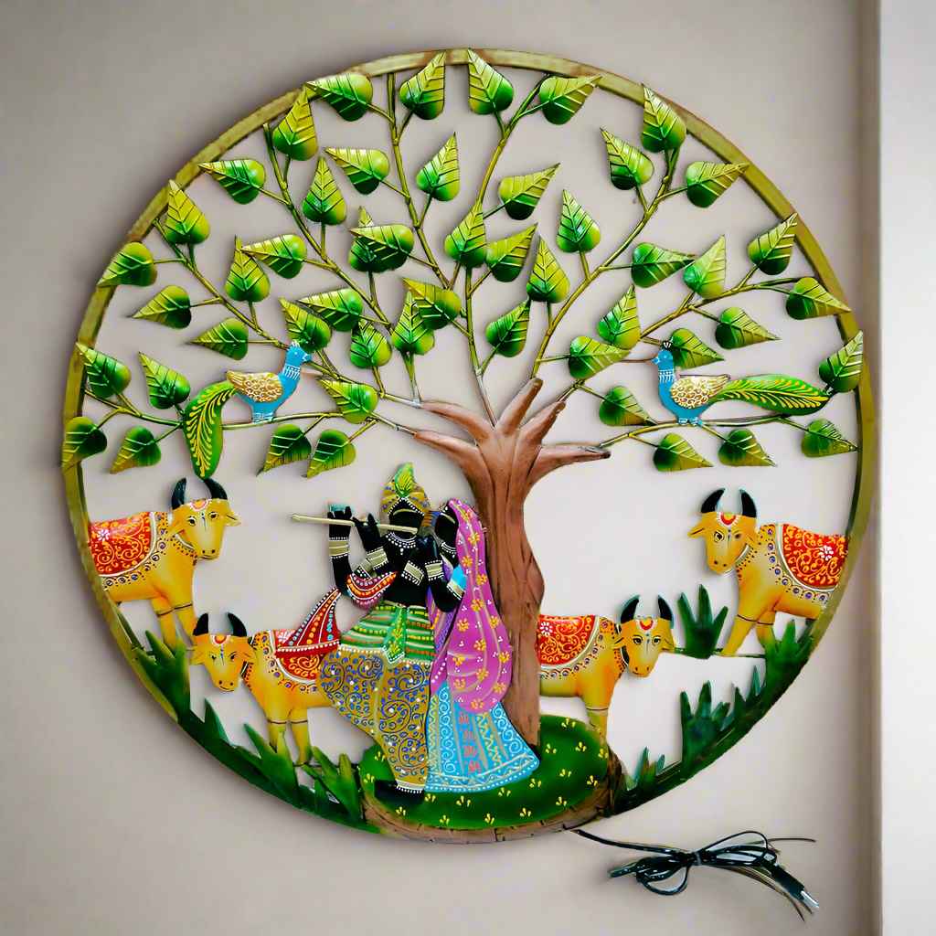 LED Backlit Radha Krishna Metal Wall Decor with Cows – Artistic depiction under a tree, hand-painted for a sacred ambiance, suitable for festive decorations and gifting.