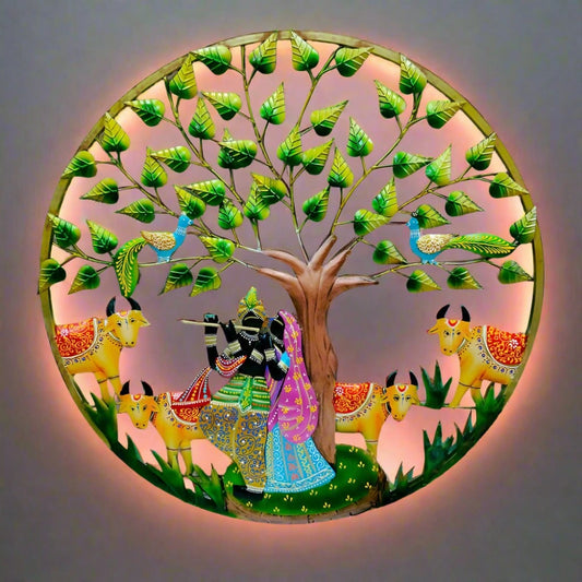 Divine Metal Art of Radha Krishna Beneath Tree with Four Cows – Decorative LED wall frame for Diwali celebrations, showcases traditional hand-painting and spiritual elegance.