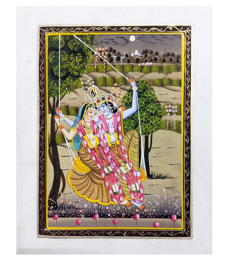 An unframed painting of Radha and Krishna on silk, a classic miniature art piece.