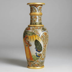 Closeup hand-painted Ragini lady portrait on white marble pot