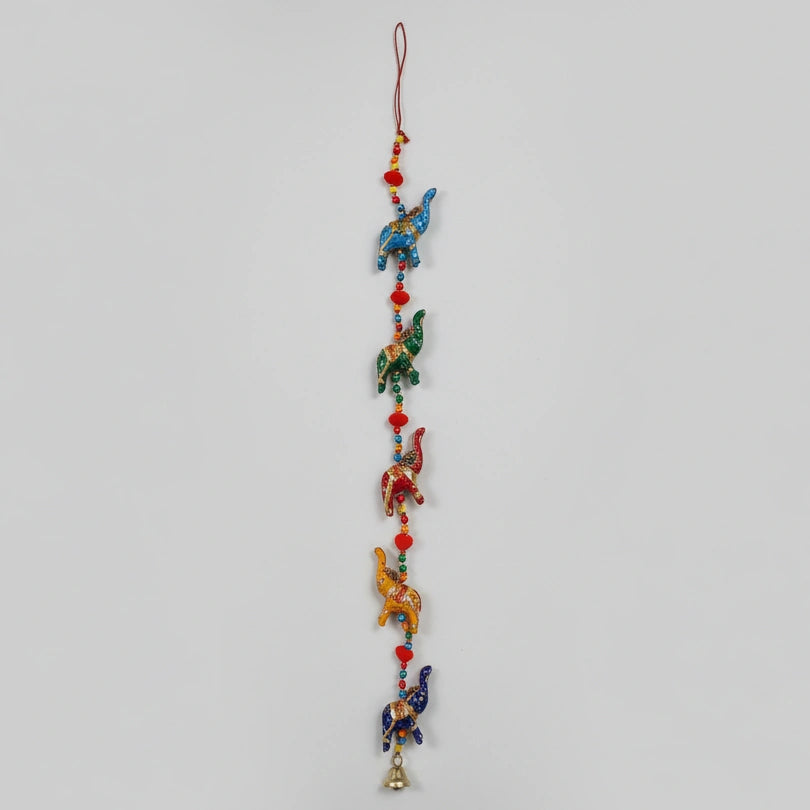 Traditional 3 feet long Rajasthani elephant wall hanging with embroidered fabric elephants and beads.