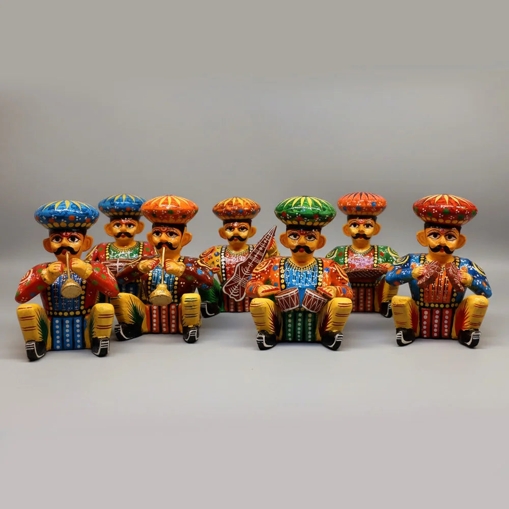 Six piece Rajasthani folk musician Babla wooden handicraft set with hand painted traditional instruments