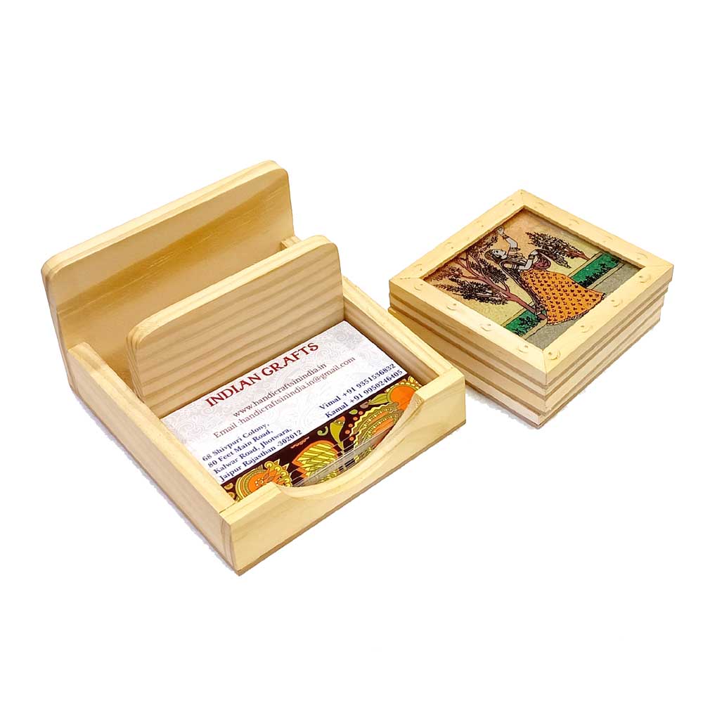 Rajasthani gemstone art wooden coaster set with visiting card holder