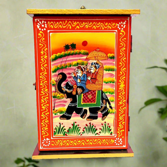 A stunning Rajasthani hand-painted wooden key holder box with an Ambari Elephant design.