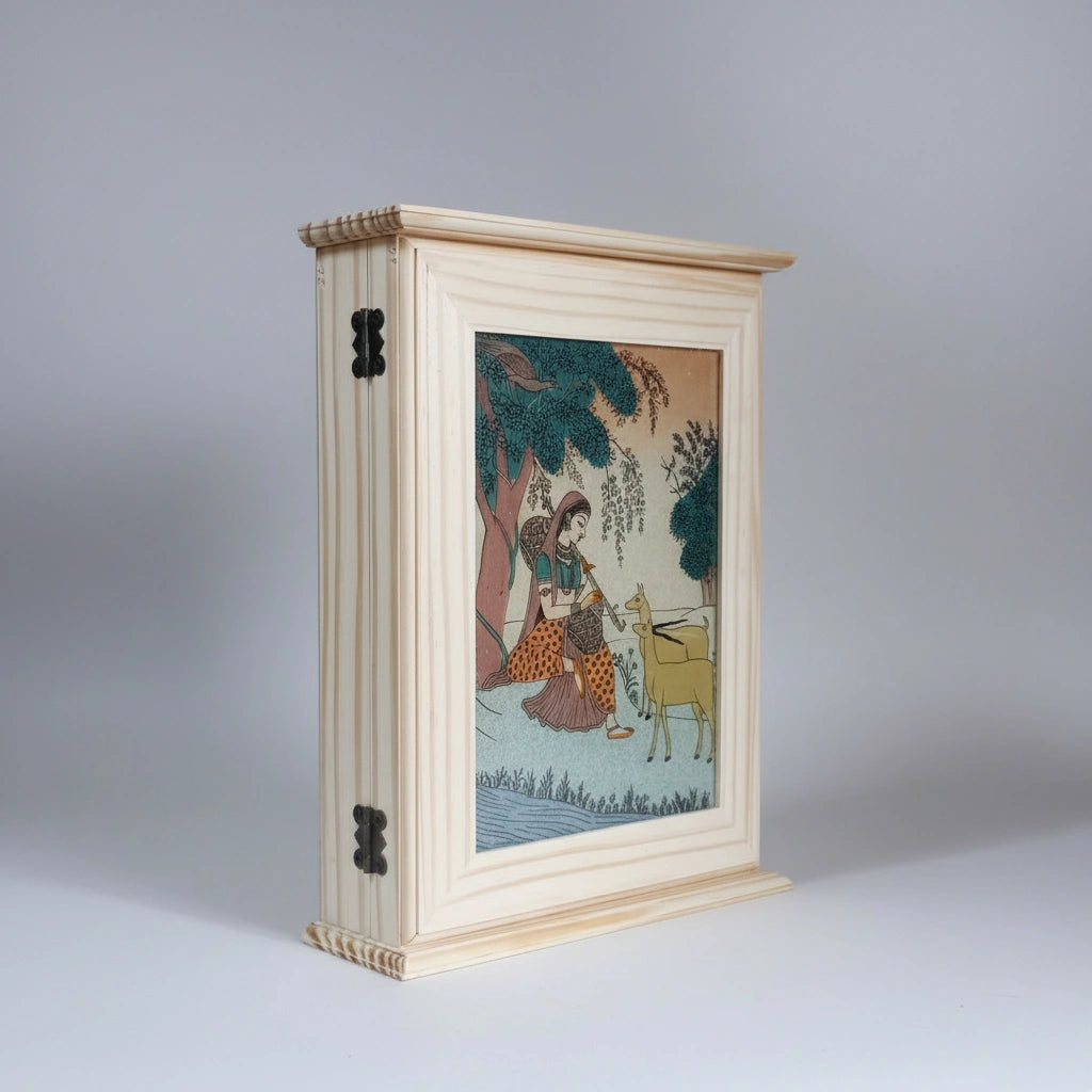 Traditional Rajasthani handcrafted gemstone painting key box, ideal for housewarming gifts.