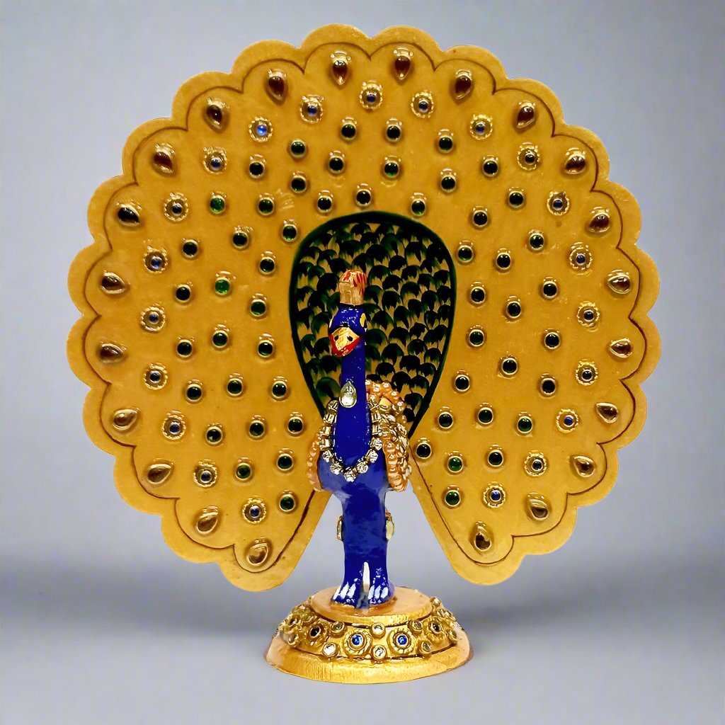 Colorful Indian Meenakari Peacock Sculpture – Gold and Stone Embellished Metal Decor