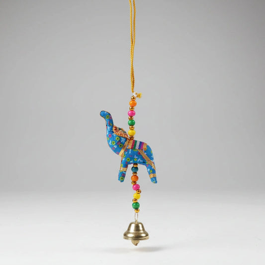 Small handmade Rajasthani single elephant hanging with colorful beads and bell for car mirror or home decor.