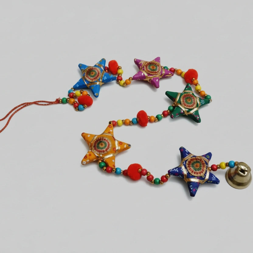 Traditional 3 feet Rajasthani star-shaped hanging with intricate hand-painted stars, colorful pompoms, and a metallic chime.