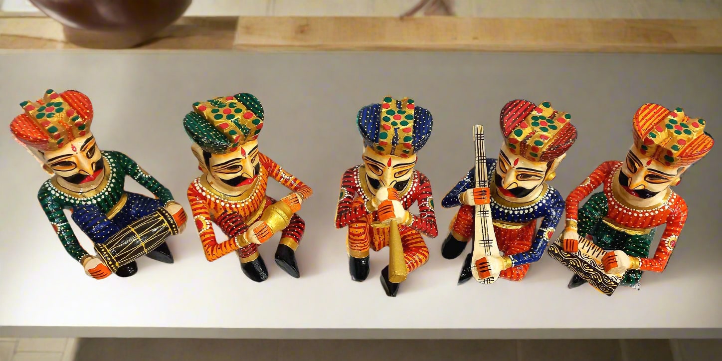 Ethnic home decor set with 5 wooden Rajasthani musician sculptures in folk style