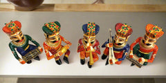 Ethnic home decor set with 5 wooden Rajasthani musician sculptures in folk style