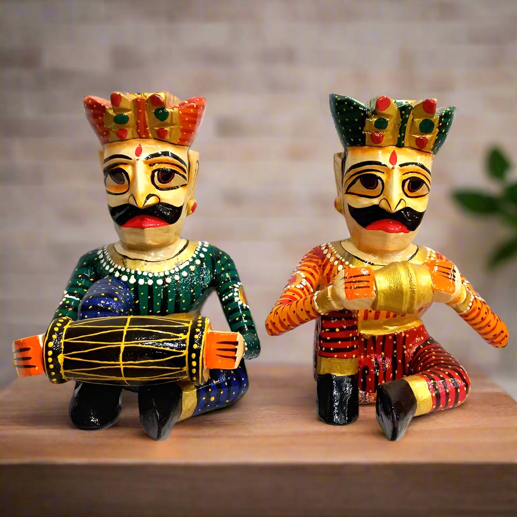 Traditional Indian wooden figurines set featuring musicians in vibrant attire
