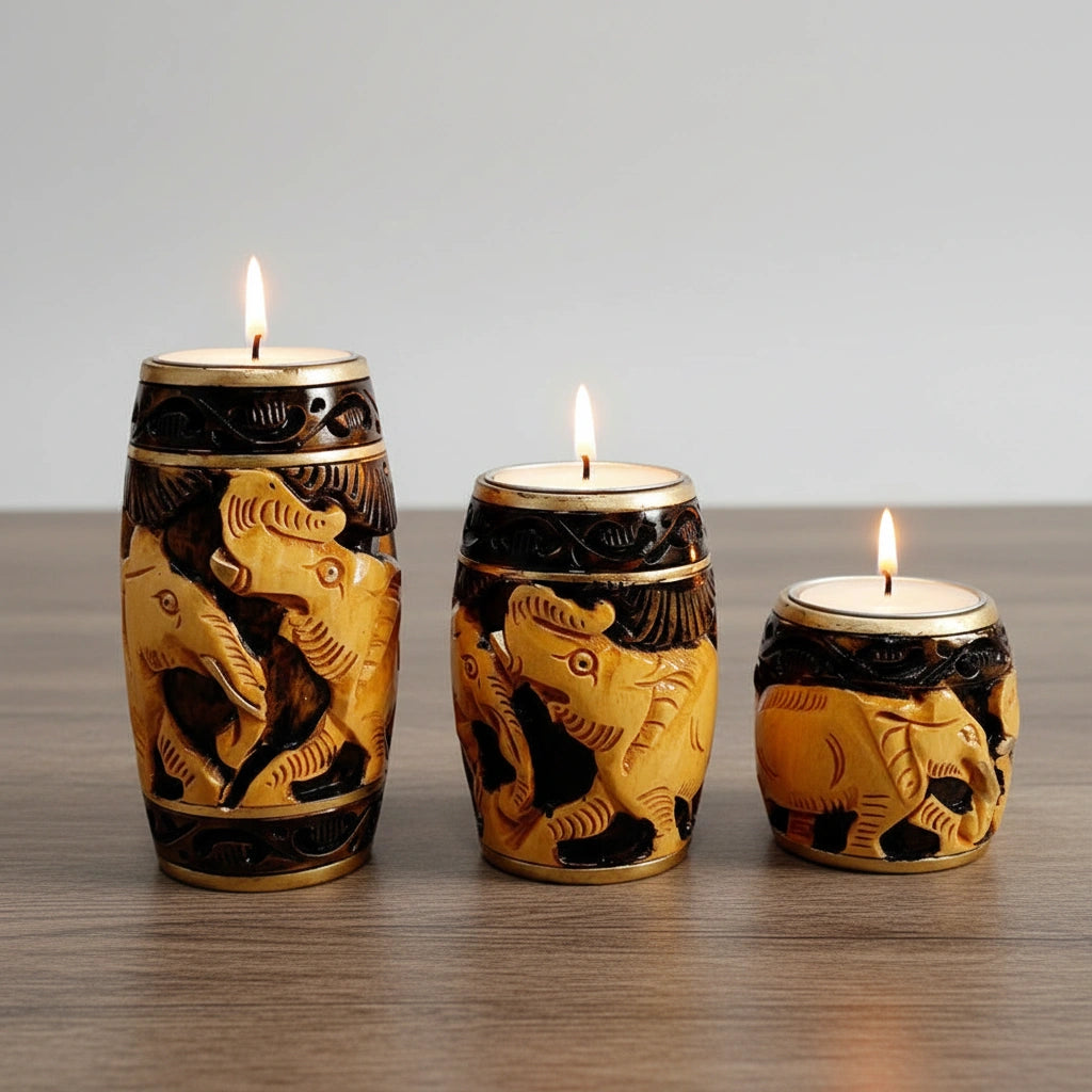 Romantic dining table decor featuring carved wooden candle holders and smokeless candles.
